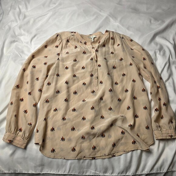 Joie 100% Silk Beige Elephant Print Blouse Size L – Long Sleeve Boho Chic - Picture 1 of 7